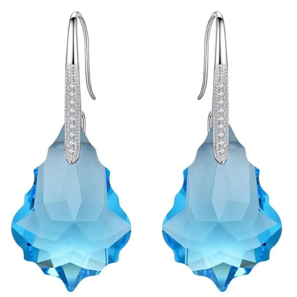 .925 Sterling Silver with Aquamarine Blue Cubic Zirconia Baroque Hook Earrings